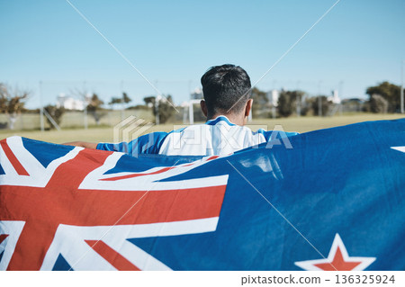 New Zealand flag, back and sports man with mockup space on blue sky outdoor. Aotearoa banner, national and athlete with patriotism, pride or representation to support country, motivation and sign 136325924