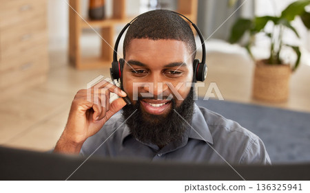 Call center, computer and man or agent for communication, happy sales and customer support in e commerce. Agency headphones, telecom and african person for virtual chat, helping or contact on desktop 136325941