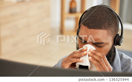 Telemarketing, sick and black man with a virus, tissue and call center agent with health issue, illness and medical symptoms. Male person, employee and consultant with bacteria, allergies and flu 136325944