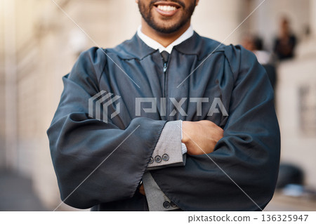 Lawyer, smile and man with arms crossed in city for career attorney for justice in outdoor. Happy, judge and male person or professional at courthouse with confidence, positive and legal advise. 136325947