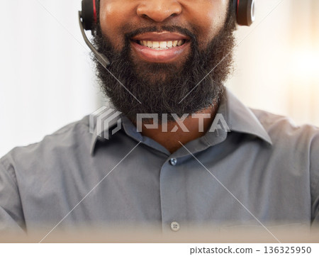 Face, mouth of black man and call center, headset with mic and customer service employee, CRM and smile. Male consultant teeth, help desk job and communication with contact us and tech support 136325950