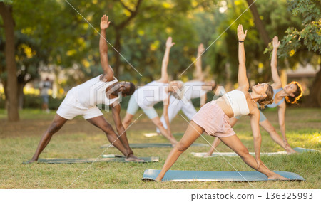 People of different ages and nationalities practice various yoga poses in summer garden People of different ages and nationalities practice various yoga poses in summer garden 136325993