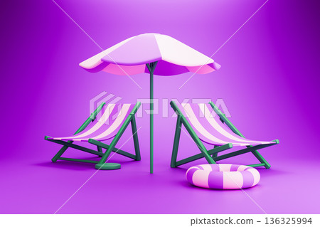 Purple beach lounger and umbrella on violet island Purple beach lounger and umbrella on violet island 136325994