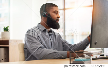Call center, computer and man, agent or consultant for communication, technical support and consulting online. Agency, advice and IT person in virtual telemarketing, helping or web contact on desktop Call center, computer and man, agent or consultant for communication, technical support and consulting online. Agency, advice and IT person in virtual telemarketing, helping or web contact on desktop 136325998