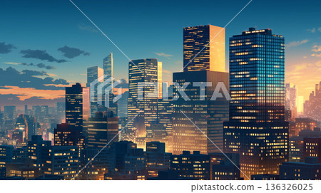 Anime-style illustration background material depicting skyscrapers and illuminated cityscapes enveloped in the twilight of a city 136326025