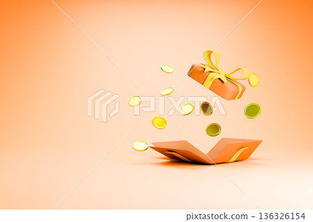 Orange gift box with gold coins for loyalty reward 136326154