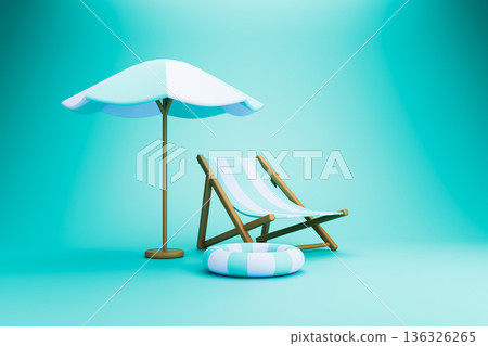 Blue beach chair and umbrella on a cyan 3D island 136326265