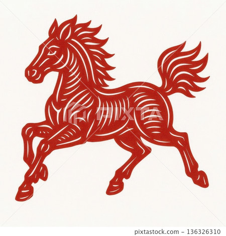 Red Chinese paper-cut horse illustration isolated on white background, zodiac Year of the Horse symbol for Lunar New Year decoration 136326310