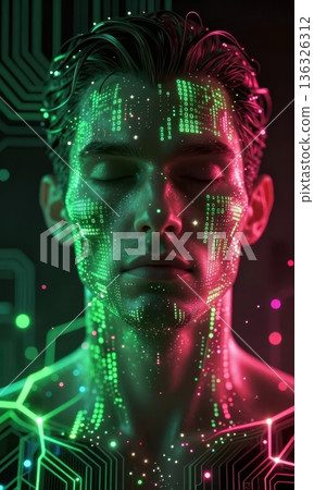 Portrait of futuristic male cyborg face with glowing green digital matrix code and neon lights on skin, artificial intelligence and cyberpunk concept. 136326312