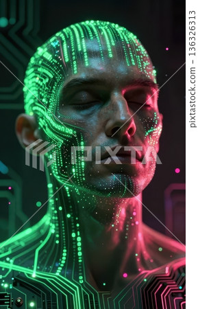 Portrait of futuristic male cyborg face with glowing green digital matrix code and neon lights on skin, artificial intelligence and cyberpunk concept. 136326313
