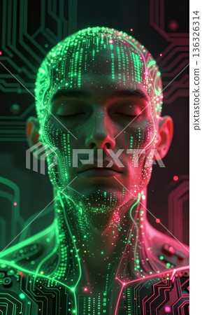 Portrait of futuristic male cyborg face with glowing green digital matrix code and neon lights on skin, artificial intelligence and cyberpunk concept. 136326314