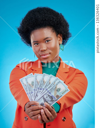 Money, fan and business woman in portrait for winning, cash and lottery offer on blue background. Face, investment and rich african person or winner with bonus, cashback and financial loan in studio Money, fan and business woman in portrait for winning, cash and lottery offer on blue background. Face, investment and rich african person or winner with bonus, cashback and financial loan in studio 136326401