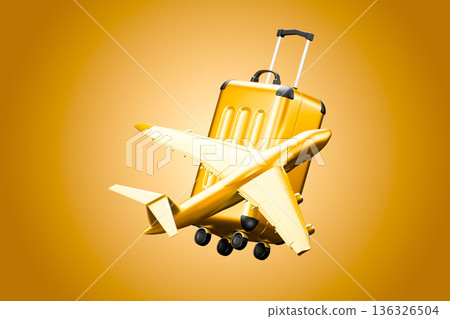 Gold airplane with luggage suitcase for travel concept Gold airplane with luggage suitcase for travel concept 136326504