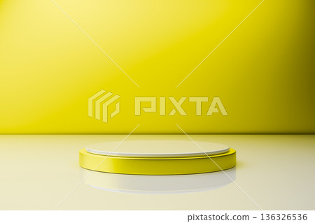 Yellow cylinder pedestal on a bright yellow background 136326536