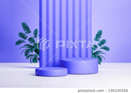 Purple cylinder podium with vertical wall and plants 3d 136326568