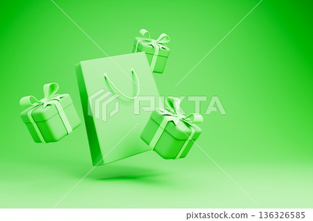 Green shopping bag with gift boxes on a green background 3d Green shopping bag with gift boxes on a green background 3d 136326585