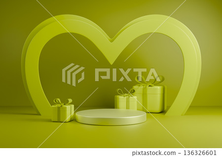 Yellow podium with heart shape and gift boxes 3d Yellow podium with heart shape and gift boxes 3d 136326601