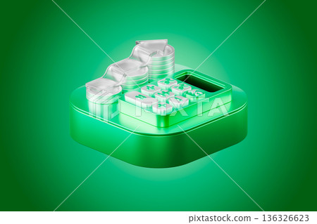 Green calculator with coins on a geometric podium 3d 136326623