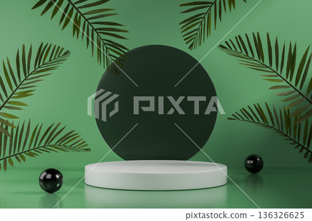 White podium with dark green circle and leaves 3d White podium with dark green circle and leaves 3d 136326625