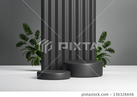 Black podium with vertical panels and green plants in 3d Black podium with vertical panels and green plants in 3d 136326648