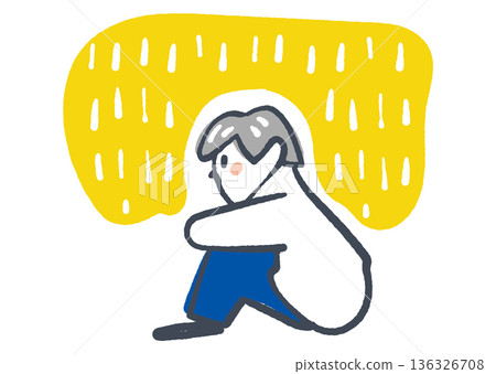 A simple illustration of a boy hugging his knees in solitude, withdrawing into his own world, for mental care and isolation measures 136326708