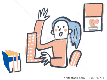 非營利組織活動/志工招募插圖，圖中一位女性支持者在視訊通話或線上諮詢期間熱情地揮手致意。 136326711