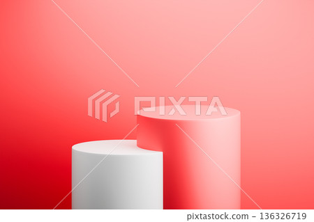 Red and white tiered podiums for bold product display 3d Red and white tiered podiums for bold product display 3d 136326719