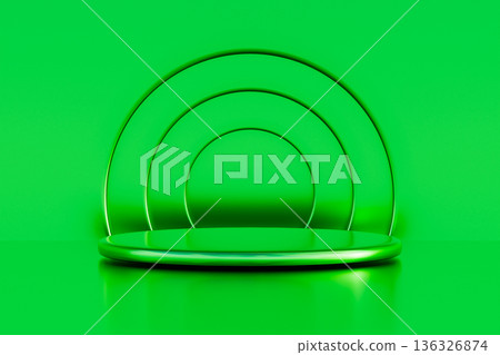Green platform with neon glowing arches for technology 3d Green platform with neon glowing arches for technology 3d 136326874