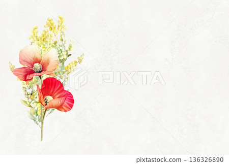 Red poppy and mimosa flower frame 136326890