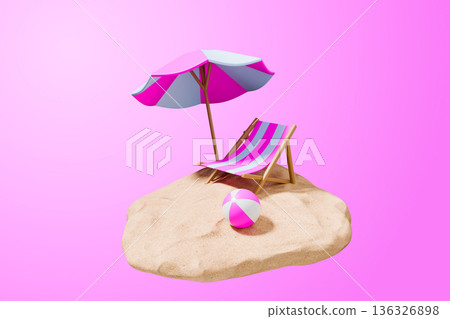 Summer beach scene with pink umbrella on sand 3d Summer beach scene with pink umbrella on sand 3d 136326898