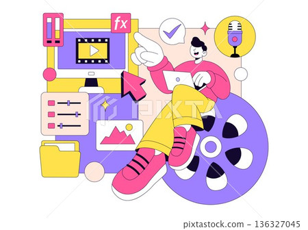Video Editor Program Vector Illustration Featuring Video Editing Software for Creating Animated Movies and Clips in a Flat Style Background Video Editor Program Vector Illustration Featuring Video Editing Software for Creating Animated Movies and Clips in a Flat Style Background 136327045
