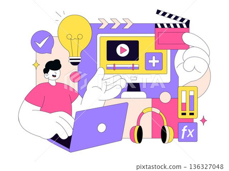 Video Editor Program Vector Illustration Featuring Video Editing Software for Creating Animated Movies and Clips in a Flat Style Background Video Editor Program Vector Illustration Featuring Video Editing Software for Creating Animated Movies and Clips in a Flat Style Background 136327048