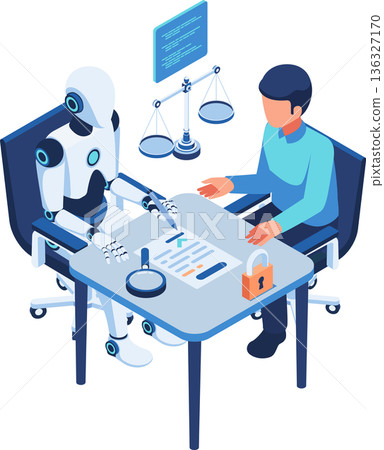 Isometric Robot Signing AI Governance Policy Agreement Document 136327170