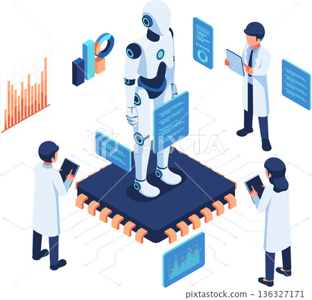 Isometric Scientist Inspecting AI Robot in a High Tech Lab Isometric Scientist Inspecting AI Robot in a High Tech Lab 136327171