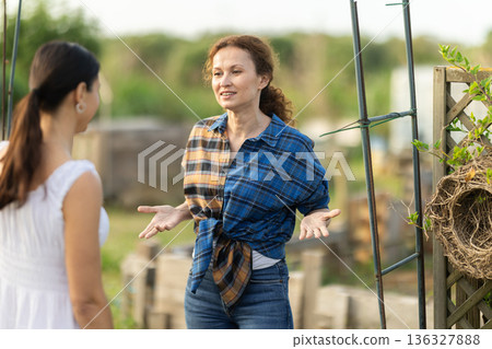 Two adult women arguing in cottage garden Two adult women arguing in cottage garden 136327888