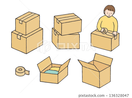 Hand-drawn illustration set of moving packing and cardboard boxes 136328047