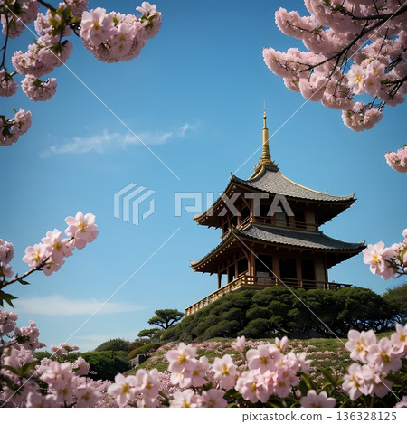 A five-storied pagoda surrounded by cherry blossoms 136328125