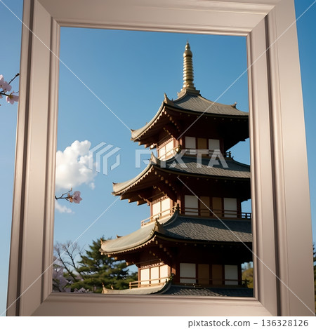 Cherry blossoms and a five-story pagoda shining in the spring sunshine 136328126