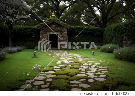一座建在綠樹環繞的花園裡的小教堂 136328253