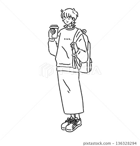 一位穿著休閒裝的可愛成熟女性手持飲料。線描圖 136328294