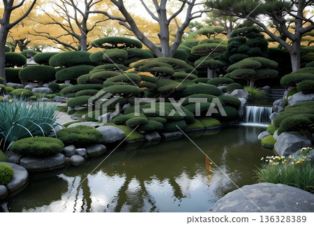 秋葉倒映在花園池塘中 136328389