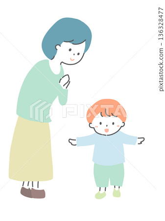 Illustration of a mother watching over her walking child Illustration of a mother watching over her walking child 136328477