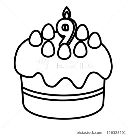 Illustration of a cute decorated cake with the number 9 standing up Illustration of a cute decorated cake with the number 9 standing up 136328501