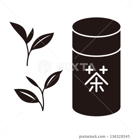 Tea ceremony utensils: simple tea caddy and tea leaves, monochrome 136328545