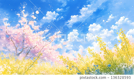 一幅夢幻般的春日風景插畫，櫻花輕盈搖曳，天空的光芒灑下。自然、花卉、天然、溫柔、寧靜。 136328593
