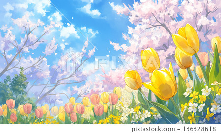A fantastical landscape of cherry blossoms in full bloom spreading across the sky above, and a soft, airy illustration. Spring, nature, flowers, natural 136328618