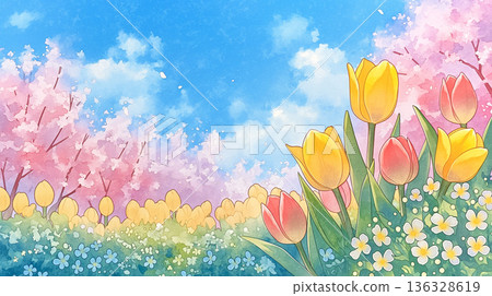 A fantastical landscape of cherry blossoms in full bloom spreading across the sky above, and a soft, airy illustration. Spring, nature, flowers, natural 136328619