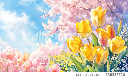 夢幻般的風景插畫，描繪了櫻花飄落、陽光灑滿天空的景象。春天，自然，天然，美麗的景色，治癒人心。 136328620