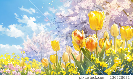 夢幻般的風景插畫，描繪了櫻花飄落、陽光灑滿天空的景象。春天，自然，天然，美麗的景色，治癒人心。 136328621