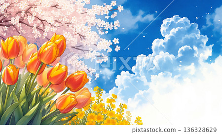 Fantasy landscape illustration of a sky with falling cherry blossoms and light. Spring, nature, natural, beautiful scenery, healing. 136328629